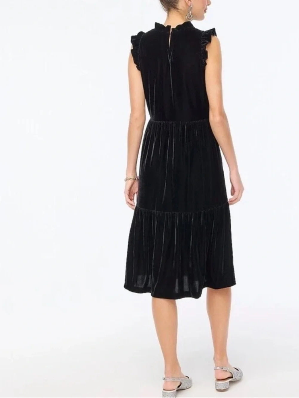 J. Crew Black Velvet Ruffled Neck women’s Midi Dress